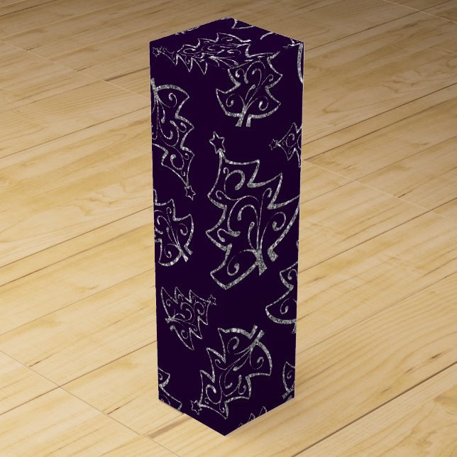 Elegant Purple and Silver Glitter Christmas Tree Wine Box (Front)