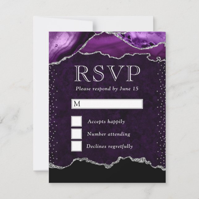 Elegant Purple and Silver Glitter Marble Agate RSVP Card (Front)