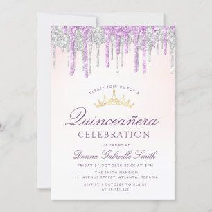 Elegant purple and silver glitter Quinceanera Invitation