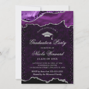 Elegant Purple and Silver Marble Agate Graduation Invitation