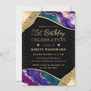 Elegant Purple and Teal Agate 21st Birthday Invitation