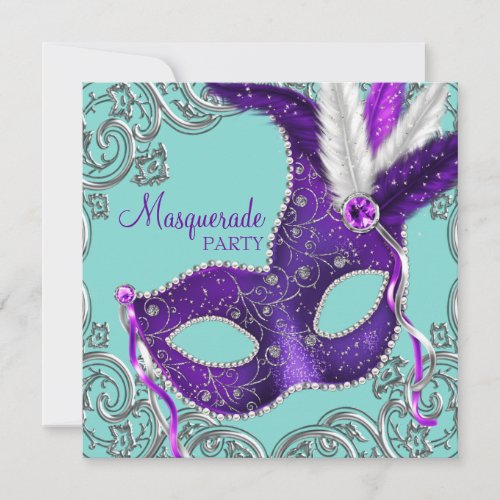 Elegant Purple and Teal Blue Masquerade Party Invitation