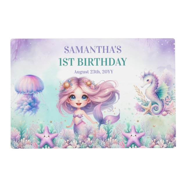 Elegant purple and teal mermaid 1st birthday girl placemat (Front)
