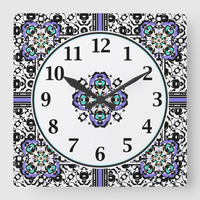Elegant Purple and Teal Moroccan Arabesques Square Wall Clock (Front)