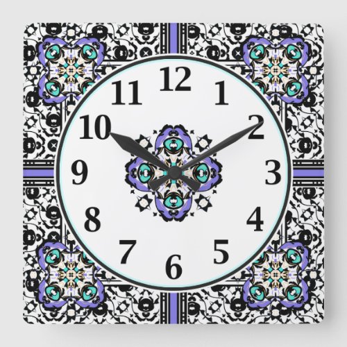 Elegant Purple and Teal Moroccan Arabesques Square Wall Clock