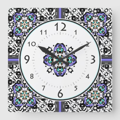 Elegant Purple and Teal Moroccan Floral Square Wall Clock