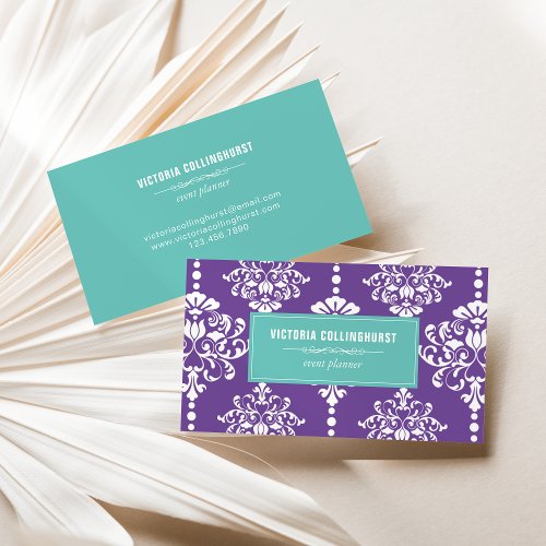 Elegant Purple and Teal Vintage Damask Pattern Business Card