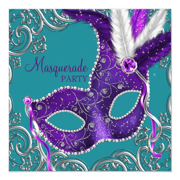 Elegant Purple and Turquoise Blue Masquerade Party Card | Zazzle