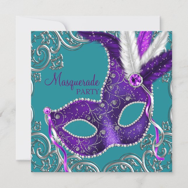 Elegant Purple and Turquoise Blue Masquerade Party Invitation (Front)