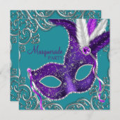 Elegant Purple and Turquoise Blue Masquerade Party Invitation (Front/Back)
