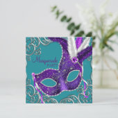 Elegant Purple and Turquoise Blue Masquerade Party Invitation (Standing Front)