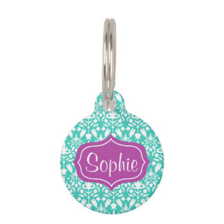 Elegant Purple And Turquoise Damask Pattern Pet Name Tag