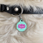 Elegant Purple And Turquoise Damask Pattern Pet Name Tag<br><div class="desc">Lovely white damask pattern on a turquoise background color. There is a purple badge in the middle with customizable text area for a name on one side and on the other side there is a customizable text area for a phone number.</div>