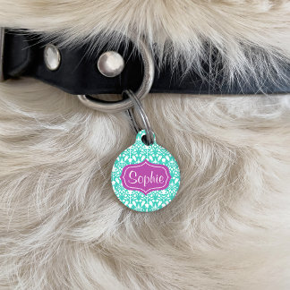 Elegant Purple And Turquoise Damask Pattern Pet Name Tag
