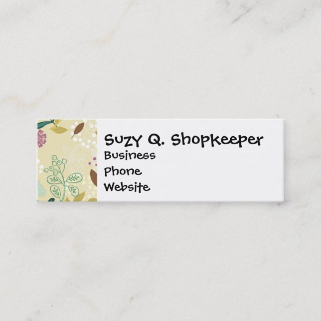 Elegant Purple and Turquoise Floral Leaf Design Mini Business Card (Front)