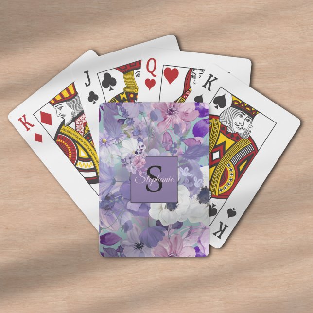 Elegant Purple And Violet Wildflowers And Monogram Poker Cards (Creator Uploaded)