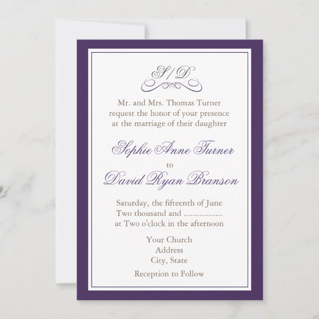 Elegant Purple and White Border Wedding Invite (Front)