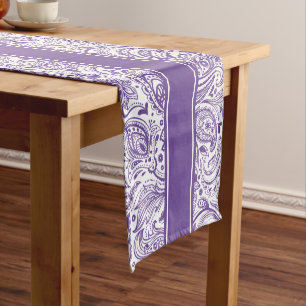 Elegant Purple and White Floral Paisley & Stripes Short Table Runner