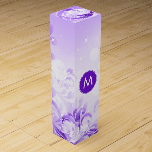 Elegant Purple And White Floral Sparkles Wine Gift Box (Front)
