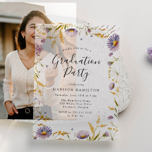 Elegant Purple and Yellow Floral Graduation Party Vellum Invitations