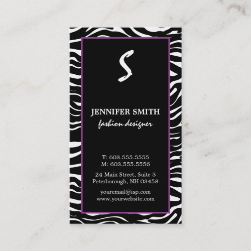 Elegant Purple and Zebra Monogram Business Cards