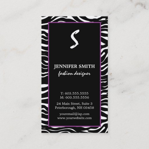 Customizable Elegant Purple and Zebra Monogram Business Cards