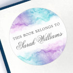 Elegant purple aqua watercolor bookplate stickers<br><div class="desc">Elegant,  trendy book labels or bookplate stickers featuring purple and aqua blue watercolor borders top and bottom. Customizable dark gray text: "This book belongs to [Name Surname]"</div>