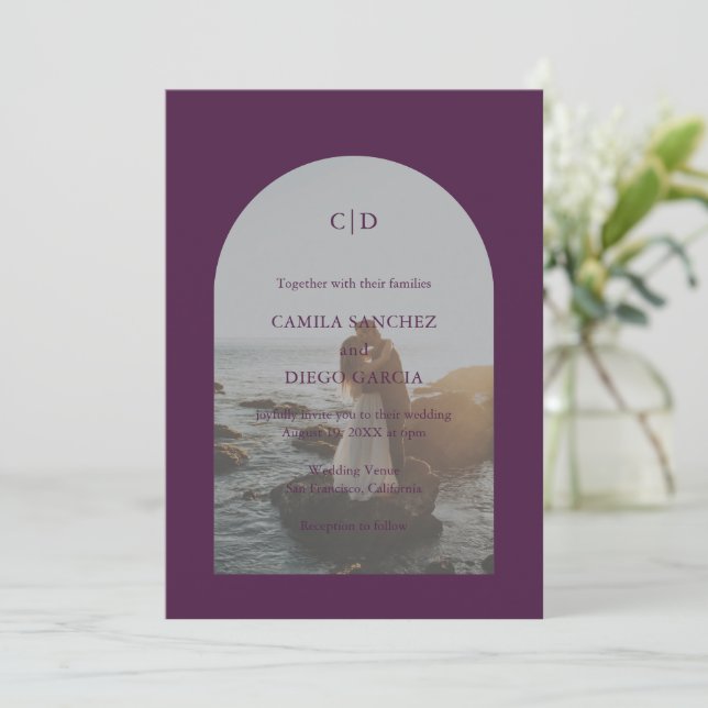 Elegant Purple Arch Photo Modern Wedding Invitation (Standing Front)
