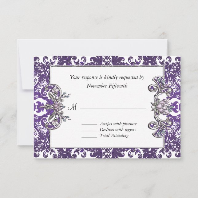 Elegant Purple Baroque Wedding RSVP Card (Front)