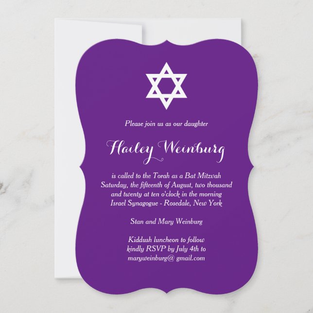 Elegant Purple Bat Mitzvah Invitation (Front)