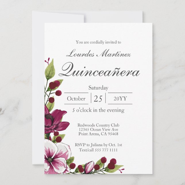 Elegant Purple Berry Watercolor Floral Quiceañera  Invitation (Front)