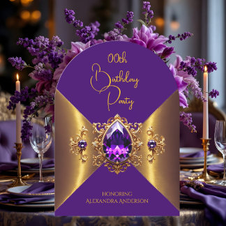 Elegant Purple Birthday Gold Golden Jewel Invitation