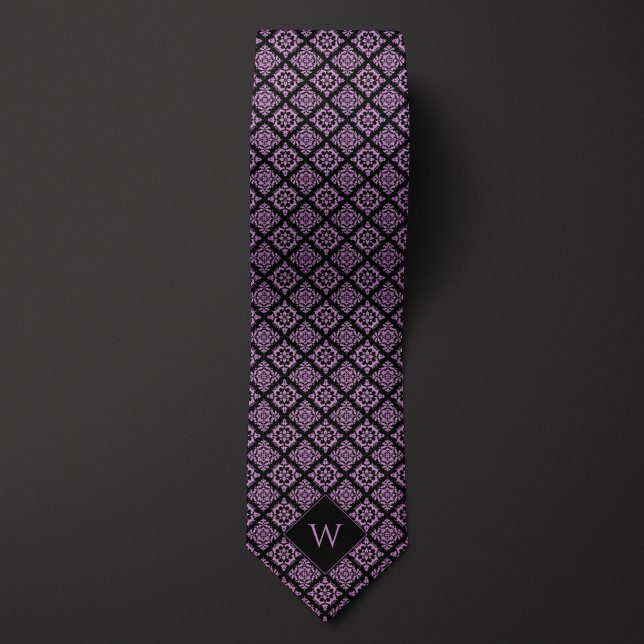 Elegant Purple & Black Arabesque Monogram Neck Tie (Creator Uploaded)