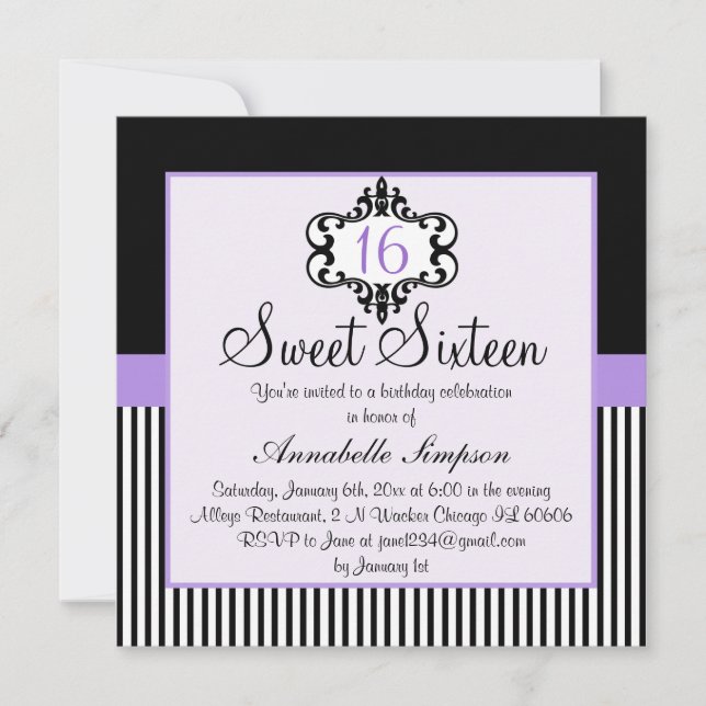 Elegant Purple & Black Chic Sweet 16 Invite (Front)