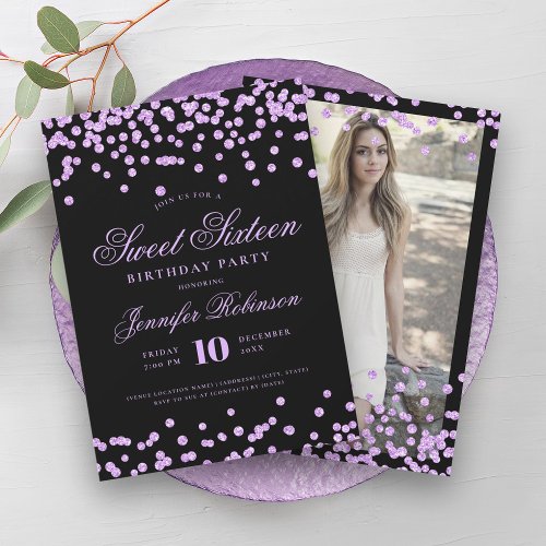 Elegant Purple Black Confetti Photo Sweet 16   Invitation