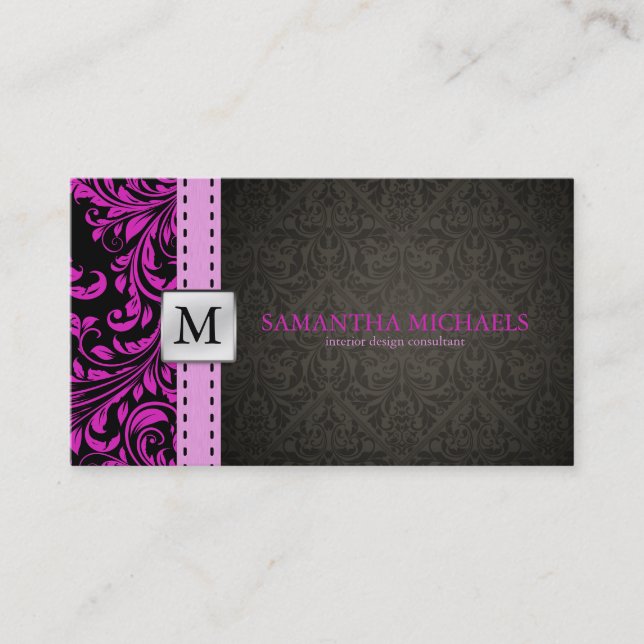Elegant Purple / Black Damask Interior Design Business Card (Front)