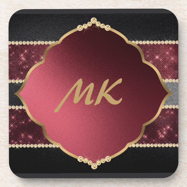 Elegant Purple & Black Diamond Border Monogrammed Beverage Coaster (Front)