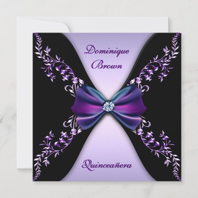 Elegant Purple Black Diamond Bow Quinceanera Invitation (Front)
