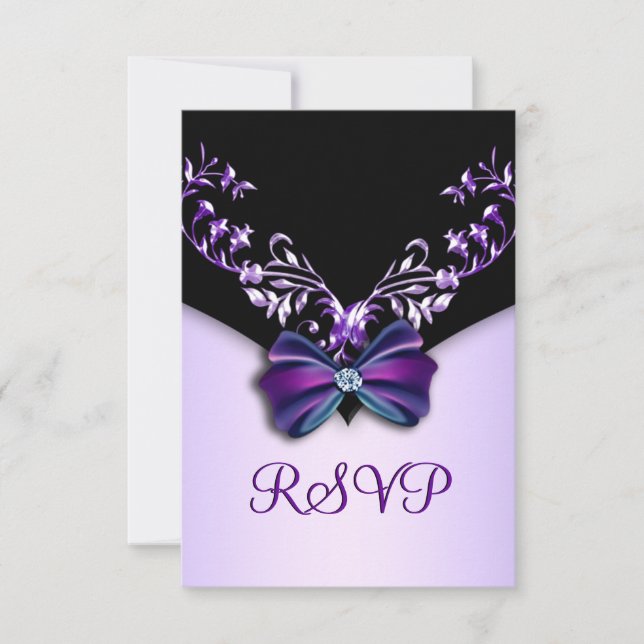 Elegant Purple Black Diamond Bow RSVP Card (Front)