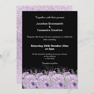 ELEGANT PURPLE BLACK FLORAL GLITTER WEDDING INVITATION