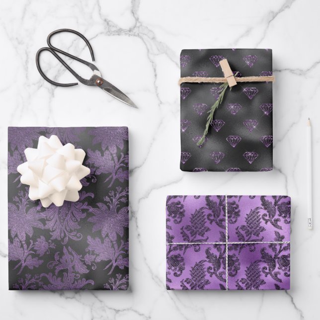 Elegant Purple Black Floral Wrapping Paper Sheets (Front)