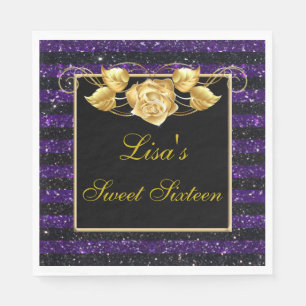 Elegant Purple Black Glitter Gold Rose Sweet 16 Napkins