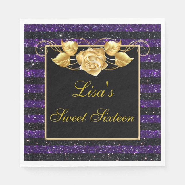 Elegant Purple Black Glitter Gold Rose Sweet 16 Napkins (Front)