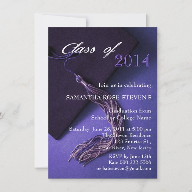 Elegant Purple Black Grad Cap Graduation Party Invitation (Front)