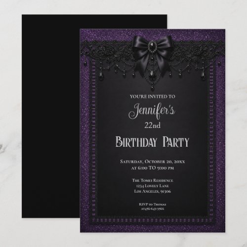 Elegant Purple Black Lace Birthday Invitation
