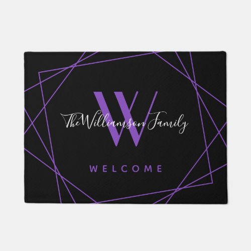 Elegant Purple Black Monogram Family Name Script Doormat