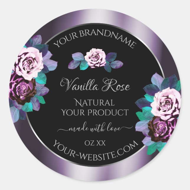 Elegant Purple Black Product Label Flourish Floral (Front)