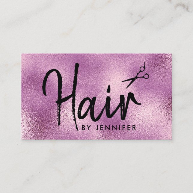 Elegant purple & black scissors hairstylist business card (Front)