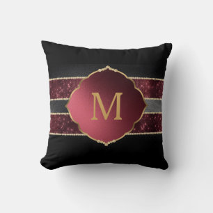 Elegant Purple Black Stripes Gold Monogrammed Throw Pillow