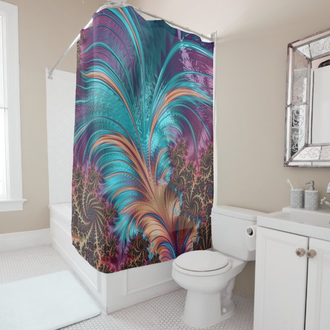 Elegant Purple Blue Abstract Feather Pattern Shower Curtain (In Situ)